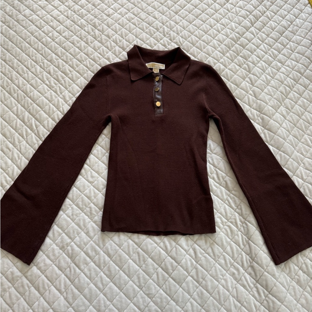 Michael Kors Ribbed Knit Polo Sweater Brown Gold Button Top L Y2K